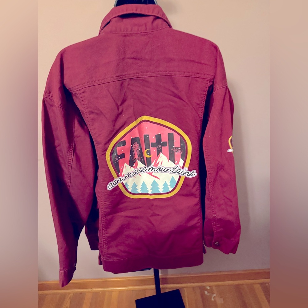 Faith Can Move Mountains. Custom one of a kind burgundy women’s size 18w jacket
